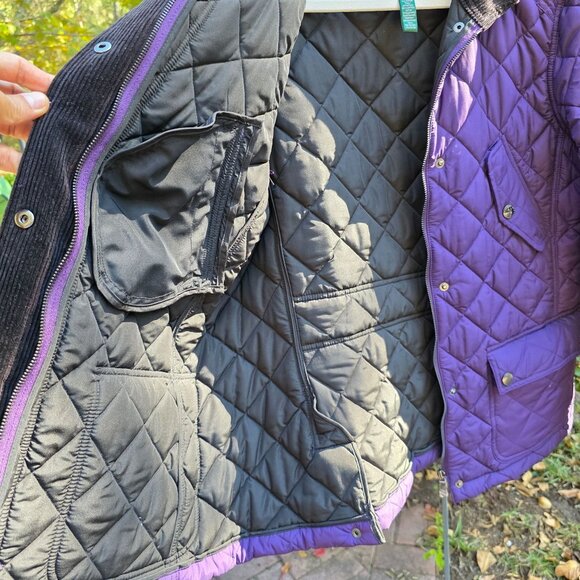Lauren Ralph Lauren Quilted Jacket Women Sz XL Purple Black Corduroy Collar Trim - Picture 8 of 13